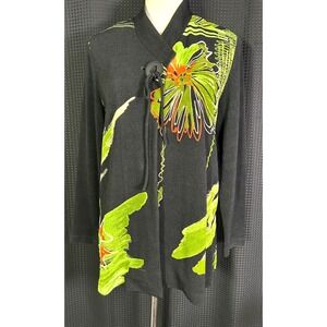 Vintage Black & Lime Striking Design Light Jacket Women's Black Floral Mandarin